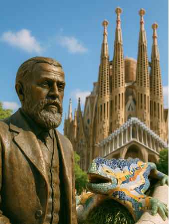 Bronze statue of Antoni Gaudí with the Sagrada Família and mosaic dragon from Park Güell in the background