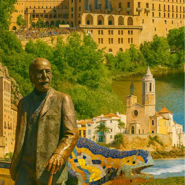 Collage showing Gaudí statue, Montserrat Monastery, Sitges Church, and Park Güell mosaic lizard as top day trips from Barcelona