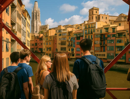 Tourists on Girona’s red Eiffel Bridge overlooking the colorful Onyar River houses and Sant Feliu Church