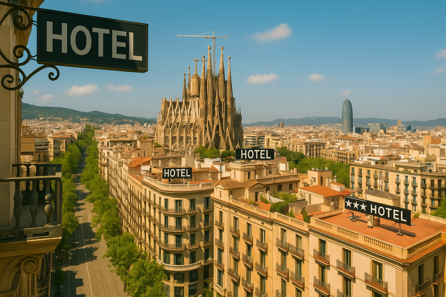 Aerial view of hotels in Barcelona’s Eixample district with Sagrada Família in the background on a sunny day