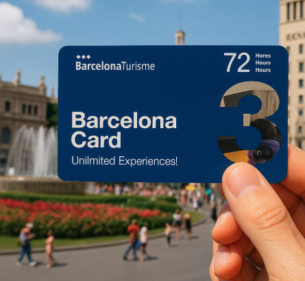 Close-up of a hand holding the official Barcelona Card in Plaça de Catalunya