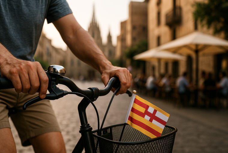 Close-up of cyclist’s hands on a bicycle handlebar during a Barcelona bike tour with the Gothic cathedral and café blurred behind.