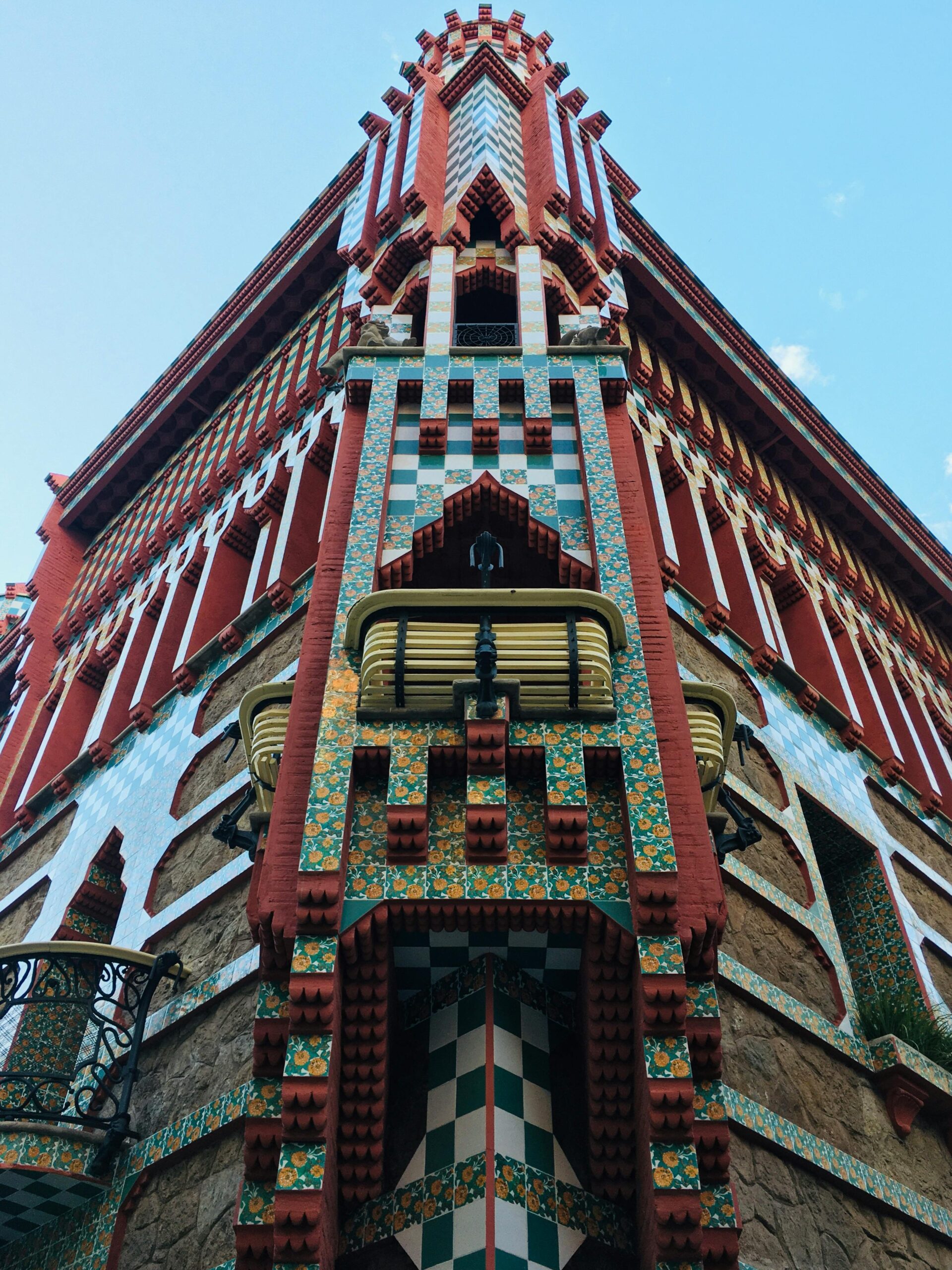 Detail of the colorful façade of Casa Vicens in Barcelona, designed by Antoni Gaudí.
