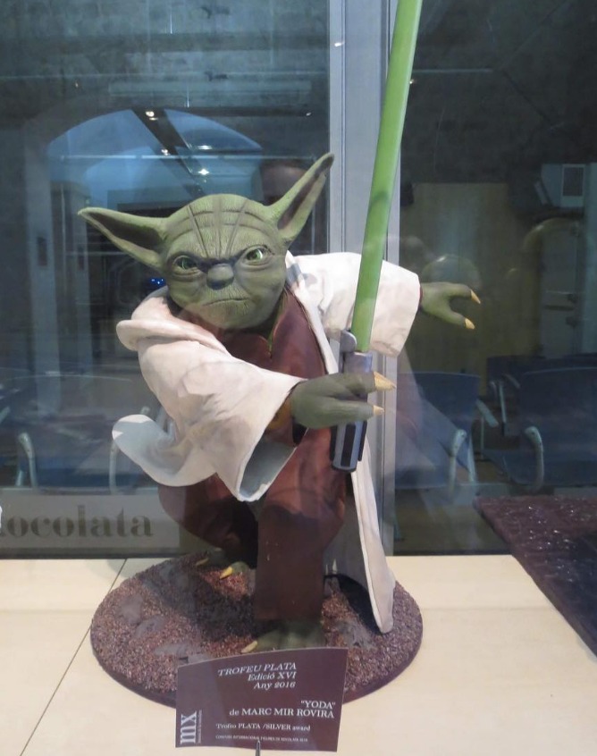 Chocolate Yoda figure on display at the Barcelona Chocolate Museum