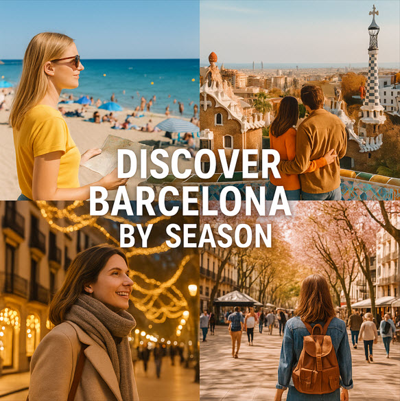 Seasonal collage of Barcelona showing summer beach, autumn at Park Güell, winter lights, and spring on La Rambla
