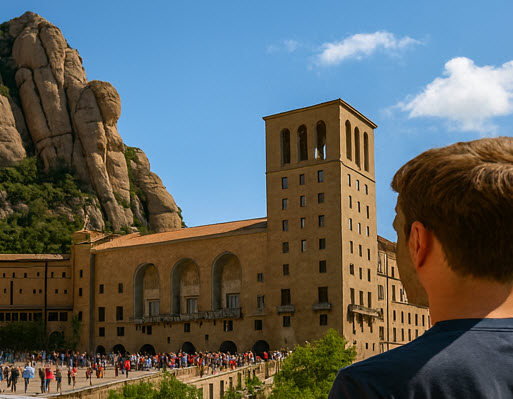 Tourist admiring Montserrat Monastery surrounded by mountains on a sunny day