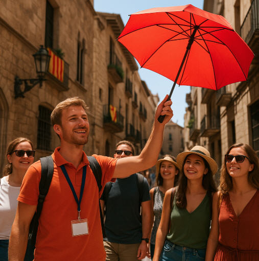 Smiling tour guide with red umbrella leading a walking tour in Barcelona’s Gothic Quarter